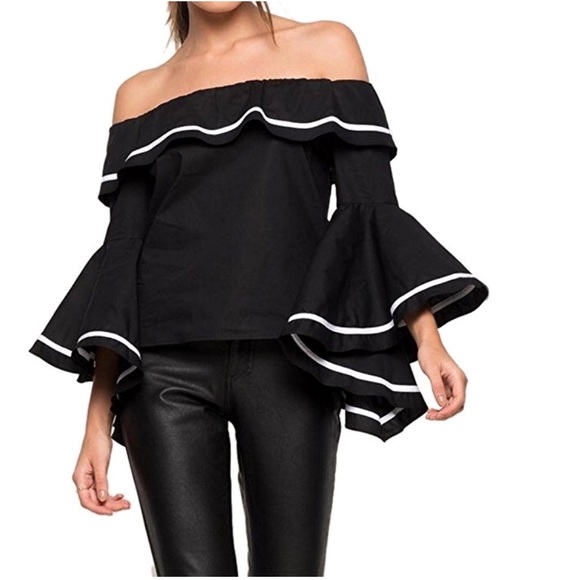 women off shoulder ruffled casual blouse - Picture 2 of 8
